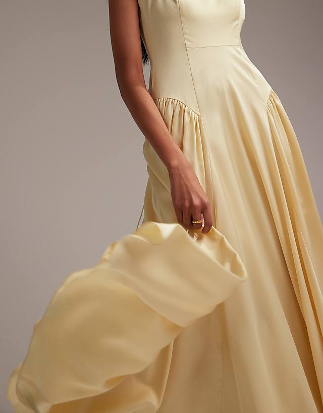 Asos ASOS DESIGN Bridesmaids Drop Waist Tie Detail Cami Midaxi Dress In Soft Yellow