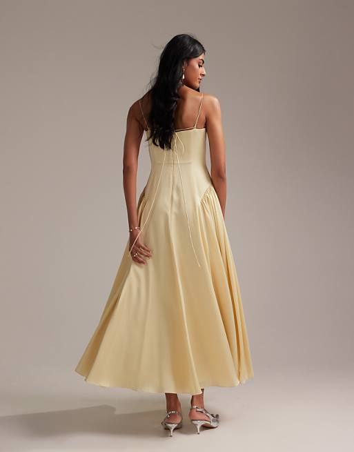 Asos ASOS DESIGN Bridesmaids Drop Waist Tie Detail Cami Midaxi Dress In Soft Yellow