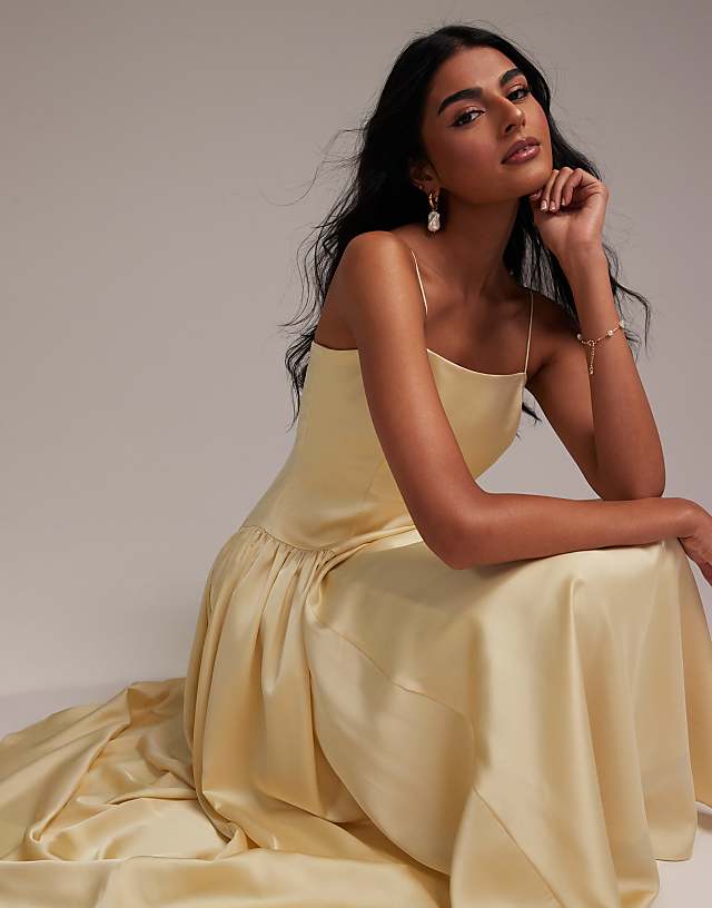 Asos ASOS DESIGN Bridesmaids Drop Waist Tie Detail Cami Midaxi Dress In Soft Yellow