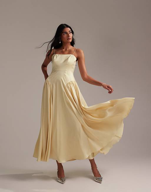 asos ASOS DESIGN Bridesmaids drop waist tie detail cami midaxi dress in soft yellow