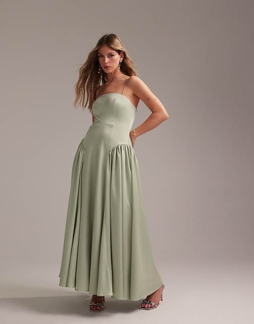 asos ASOS DESIGN Bridesmaids drop waist tie detail cami midaxi dress in light green