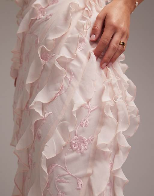 Asos ASOS DESIGN Bridesmaids Embroidered Ruffle Cami Bias Maxi Dress In Soft Pink