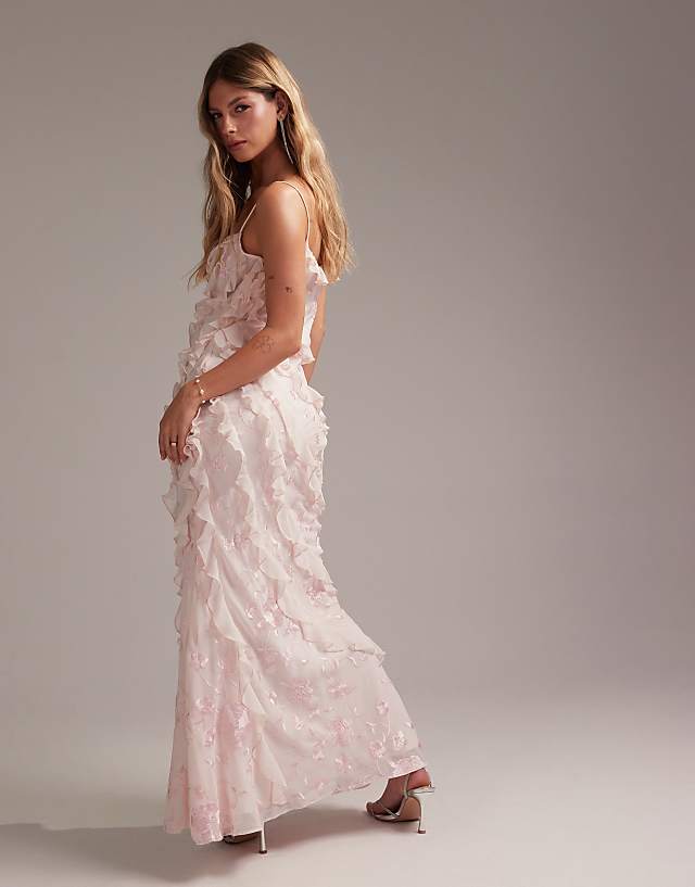Asos ASOS DESIGN Bridesmaids Embroidered Ruffle Cami Bias Maxi Dress In Soft Pink