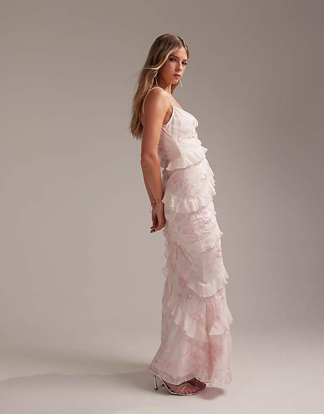 Asos ASOS DESIGN Bridesmaids Embroidered Ruffle Cami Bias Maxi Dress In Soft Pink
