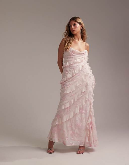asos ASOS DESIGN Bridesmaids embroidered ruffle cami bias maxi dress in soft pink