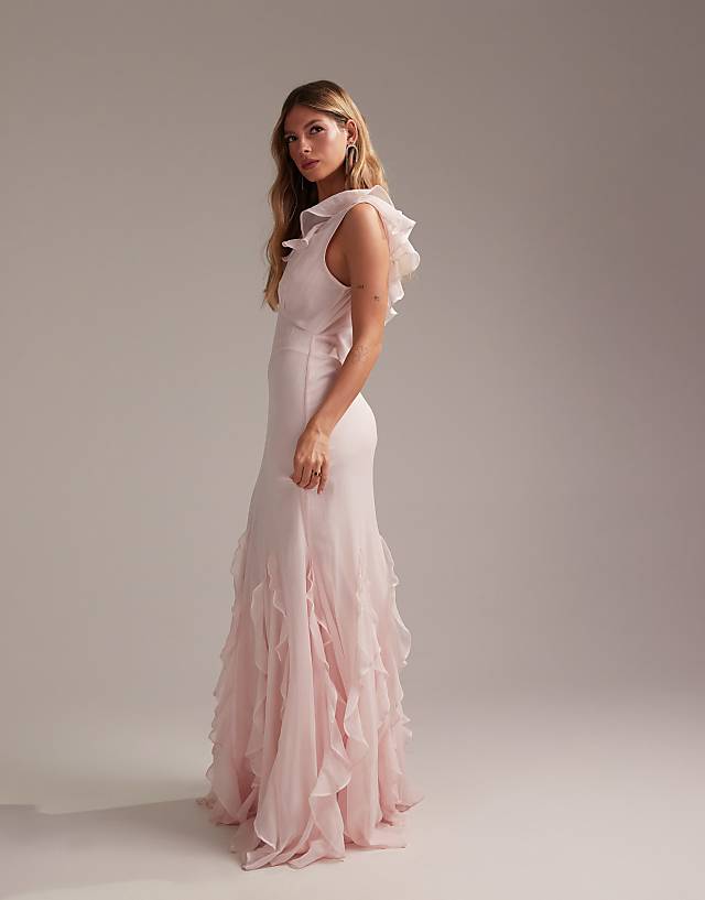 Asos ASOS DESIGN Bridesmaids Flutter Sleeve Bias Maxi Dress With Godet Frill Hem In Soft Pink