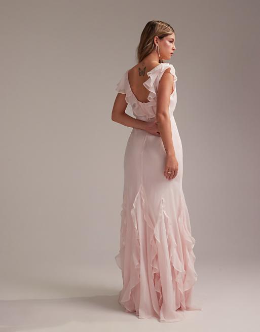 Asos ASOS DESIGN Bridesmaids Flutter Sleeve Bias Maxi Dress With Godet Frill Hem In Soft Pink