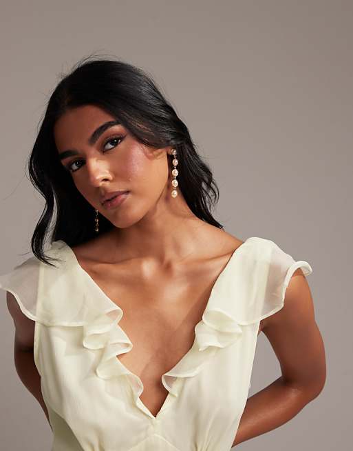 Asos ASOS DESIGN Bridesmaids Flutter Sleeve Bias Maxi Dress With Godet Frill Hem In Soft Yellow