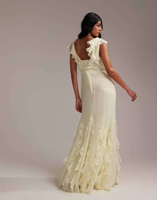 Asos ASOS DESIGN Bridesmaids Flutter Sleeve Bias Maxi Dress With Godet Frill Hem In Soft Yellow