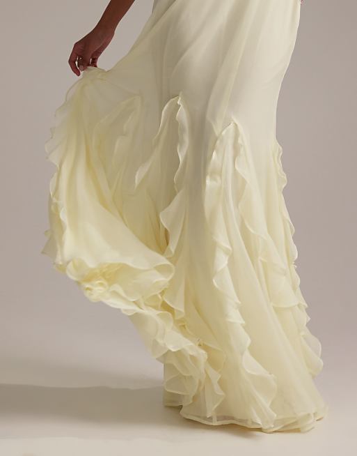 Asos ASOS DESIGN Bridesmaids Flutter Sleeve Bias Maxi Dress With Godet Frill Hem In Soft Yellow