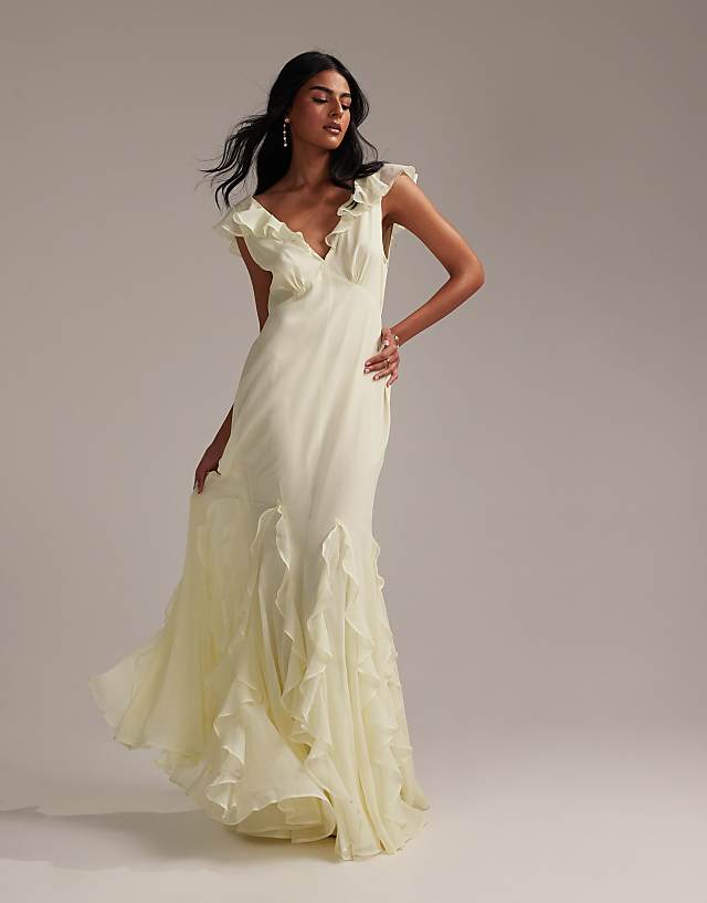 asos ASOS DESIGN Bridesmaids flutter sleeve bias maxi dress with godet frill hem in soft yellow