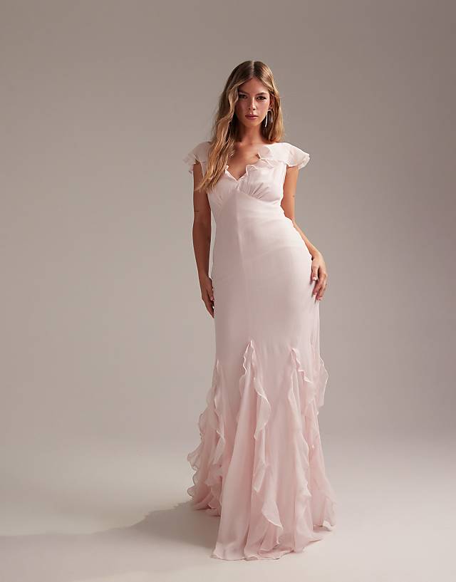 asos ASOS DESIGN Bridesmaids flutter sleeve bias maxi dress with godet frill hem in soft pink