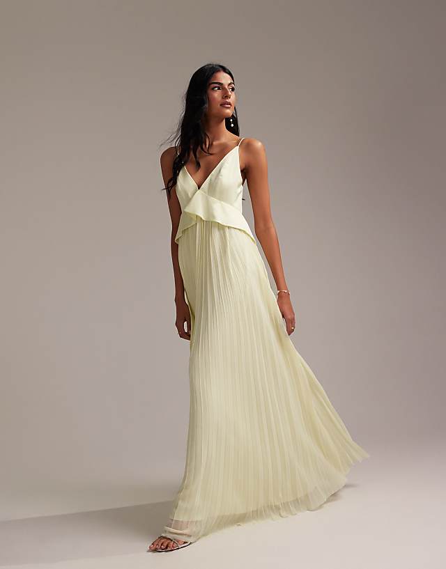 Asos ASOS DESIGN Bridesmaids Hybrid Cami Maxi Dress With Pleat Skirt In Soft Yellow