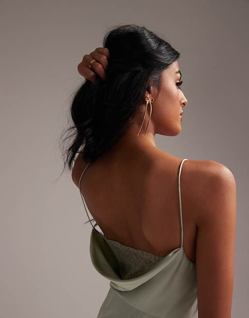 Asos ASOS DESIGN Bridesmaids Lace Detail Column Satin Maxi Dress In Light Green