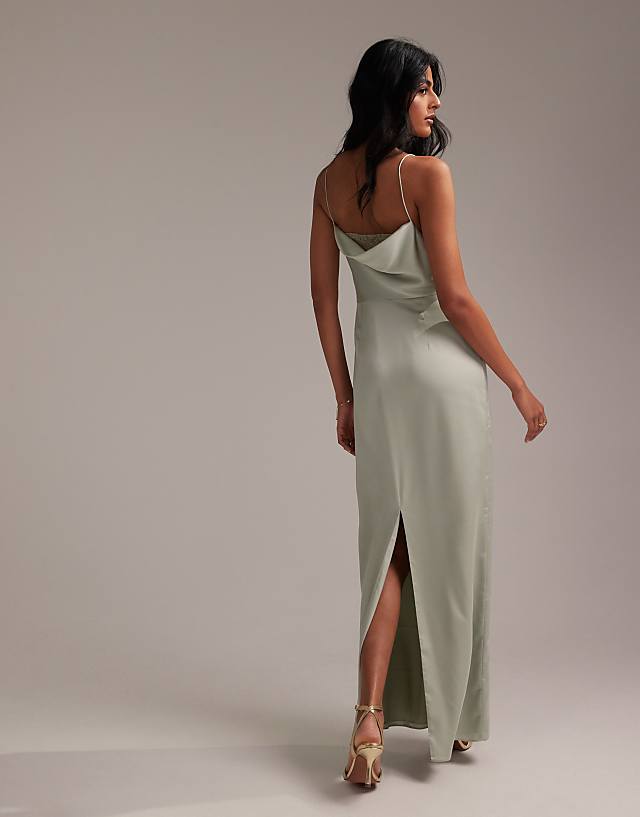 Asos ASOS DESIGN Bridesmaids Lace Detail Column Satin Maxi Dress In Light Green