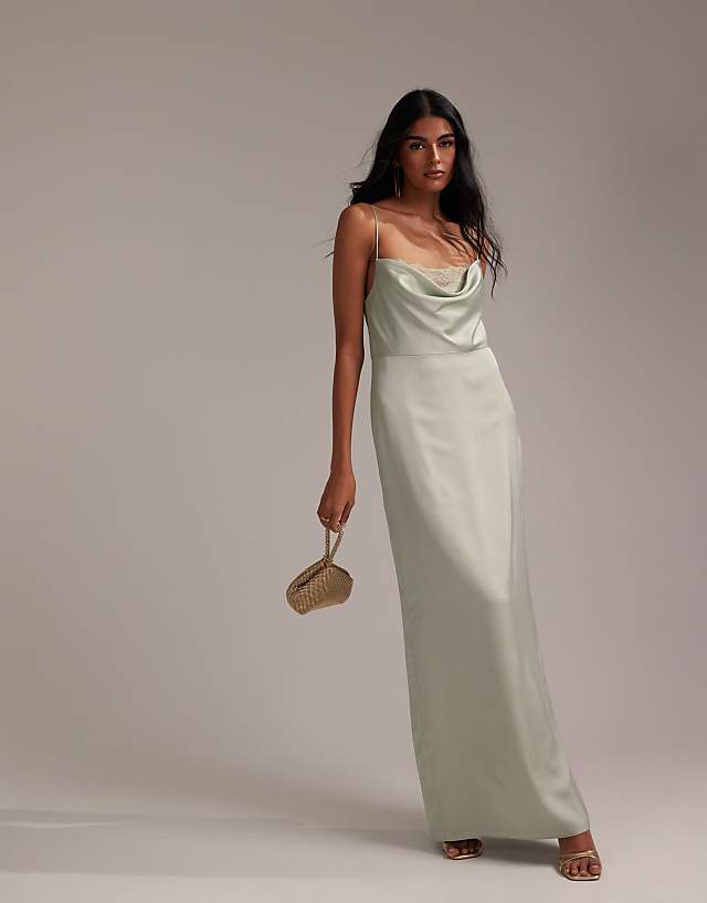 Asos ASOS DESIGN Bridesmaids Lace Detail Column Satin Maxi Dress In Light Green