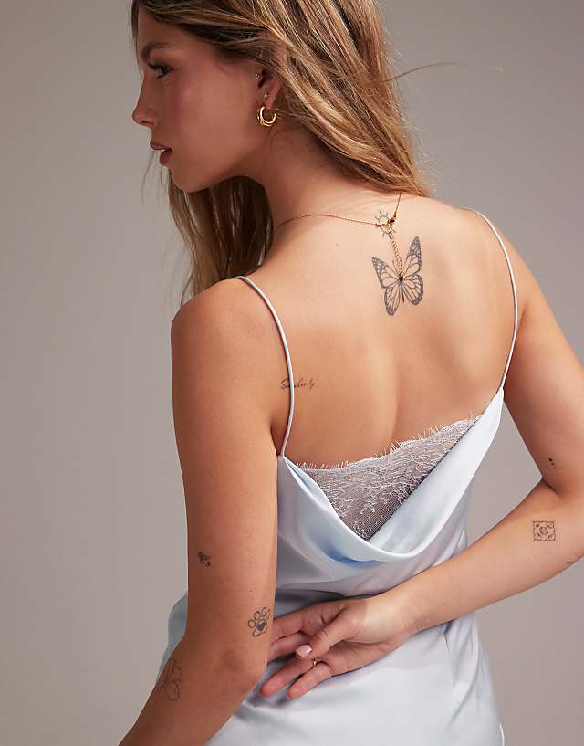 Asos ASOS DESIGN Bridesmaids Lace Detail Column Satin Maxi Dress In Light Blue
