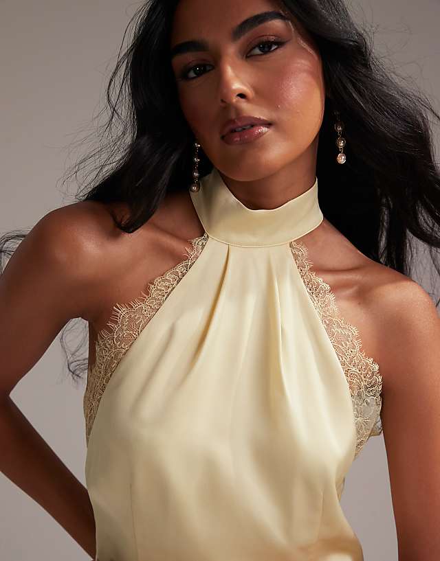 Asos ASOS DESIGN Bridesmaids Lace Detail Halter Column Maxi Dress In Soft Yellow