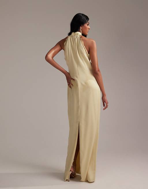 Asos ASOS DESIGN Bridesmaids Lace Detail Halter Column Maxi Dress In Soft Yellow
