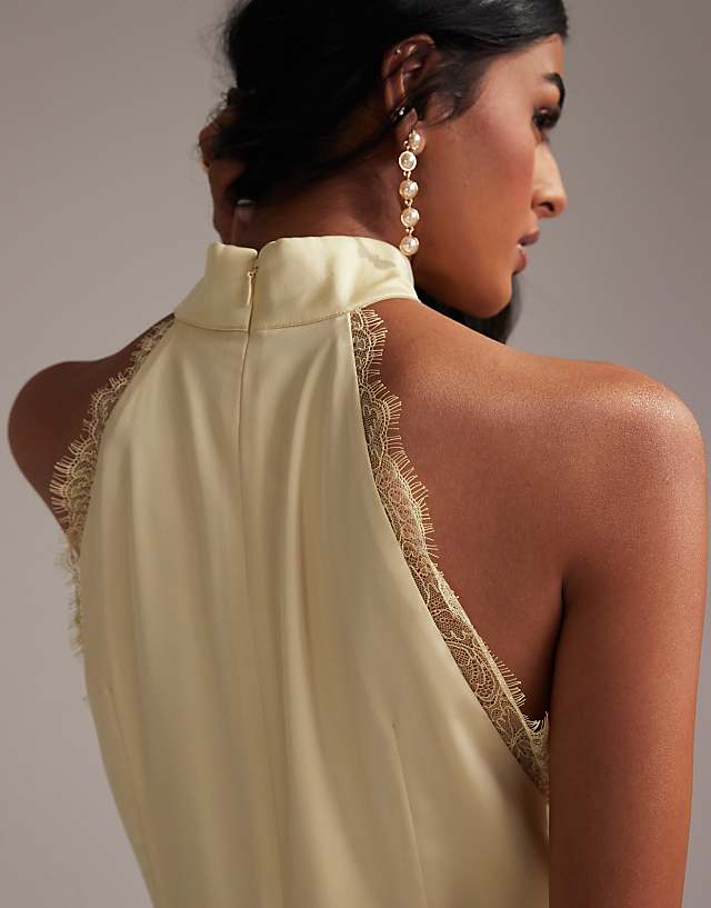 Asos ASOS DESIGN Bridesmaids Lace Detail Halter Column Maxi Dress In Soft Yellow