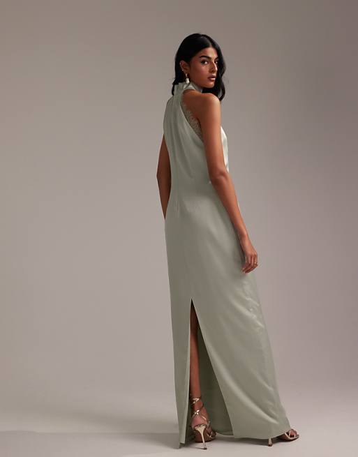 Asos ASOS DESIGN Bridesmaids Lace Detail Halter Column Maxi Dress In Light Green