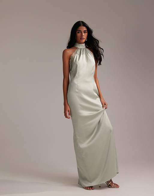 Asos ASOS DESIGN Bridesmaids Lace Detail Halter Column Maxi Dress In Light Green