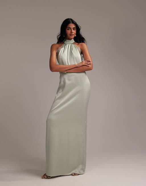 asos ASOS DESIGN Bridesmaids lace detail halter column maxi dress in light green