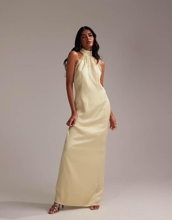 asos ASOS DESIGN Bridesmaids lace detail halter column maxi dress in soft yellow