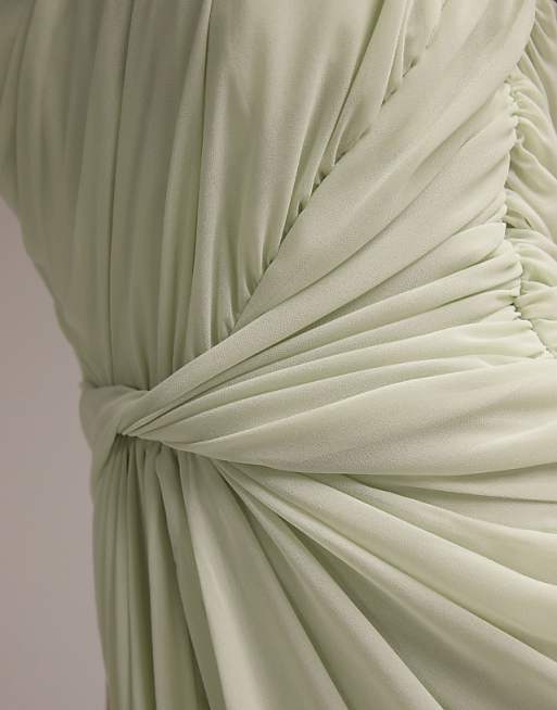 Asos ASOS DESIGN Bridesmaids One Shoulder Draped Twist Detail Midaxi Dress In Light Green