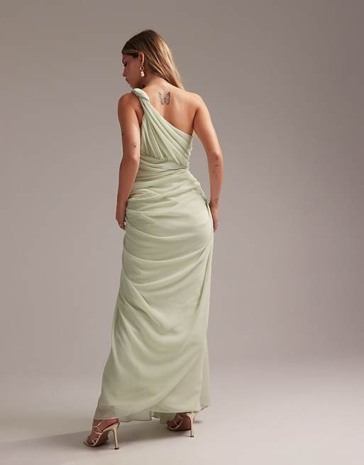 Asos ASOS DESIGN Bridesmaids One Shoulder Draped Twist Detail Midaxi Dress In Light Green