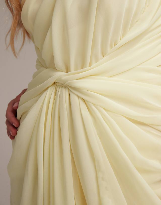 Asos ASOS DESIGN Bridesmaids One Shoulder Draped Twist Detail Midaxi Dress In Soft Yellow