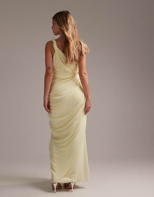 Asos ASOS DESIGN Bridesmaids One Shoulder Draped Twist Detail Midaxi Dress In Soft Yellow
