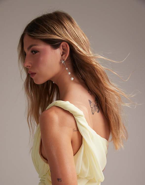 Asos ASOS DESIGN Bridesmaids One Shoulder Draped Twist Detail Midaxi Dress In Soft Yellow