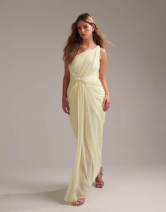 asos ASOS DESIGN Bridesmaids one shoulder draped twist detail midaxi dress in soft yellow