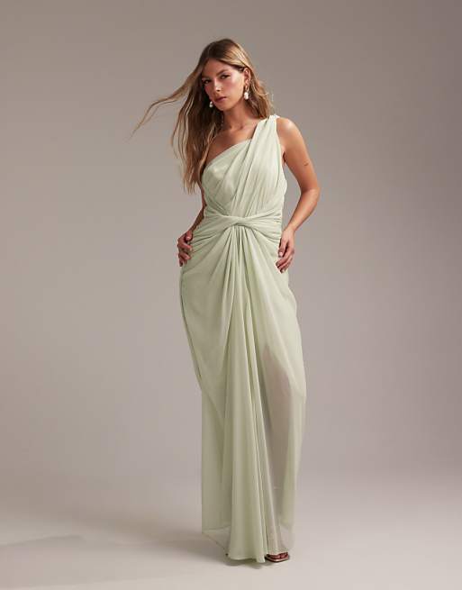 asos ASOS DESIGN Bridesmaids one shoulder draped twist detail midaxi dress in light green