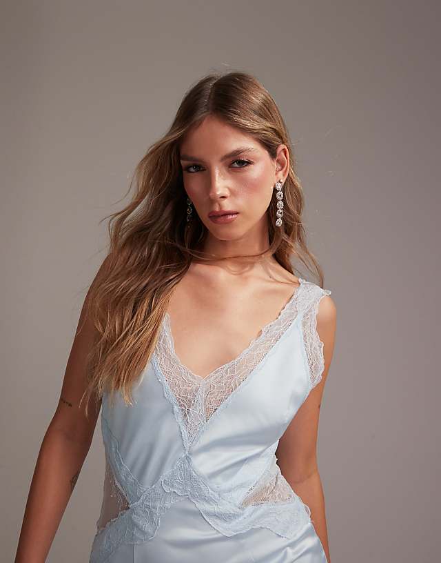 Asos ASOS DESIGN Bridesmaids Plunge Neck Lace Detail Satin Column Maxi Dress In In Light Blue