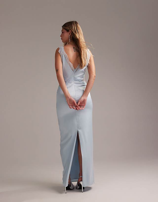 Asos ASOS DESIGN Bridesmaids Plunge Neck Lace Detail Satin Column Maxi Dress In In Light Blue