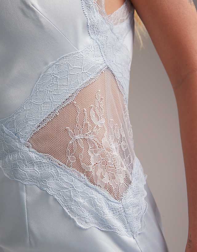 Asos ASOS DESIGN Bridesmaids Plunge Neck Lace Detail Satin Column Maxi Dress In In Light Blue