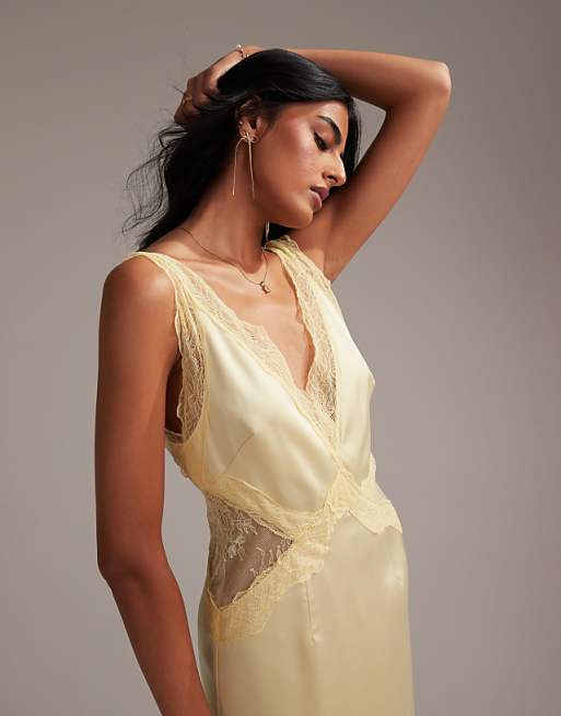 Asos ASOS DESIGN Bridesmaids Plunge Neck Lace Detail Satin Column Maxi Dress In Soft Yellow