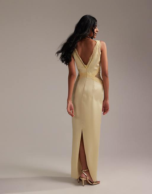 Asos ASOS DESIGN Bridesmaids Plunge Neck Lace Detail Satin Column Maxi Dress In Soft Yellow