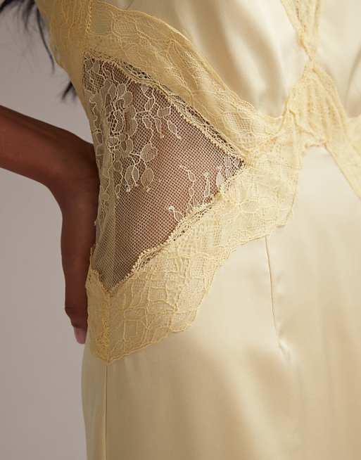 Asos ASOS DESIGN Bridesmaids Plunge Neck Lace Detail Satin Column Maxi Dress In Soft Yellow