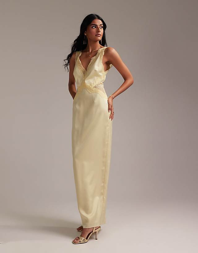asos ASOS DESIGN Bridesmaids plunge neck lace detail satin column maxi dress in soft yellow