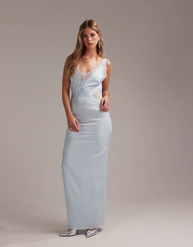 asos ASOS DESIGN Bridesmaids plunge neck lace detail satin column maxi dress in in light blue