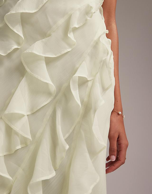 Asos ASOS DESIGN Bridesmaids Racer Neck Bias Ruffle Maxi Dress In Light Green