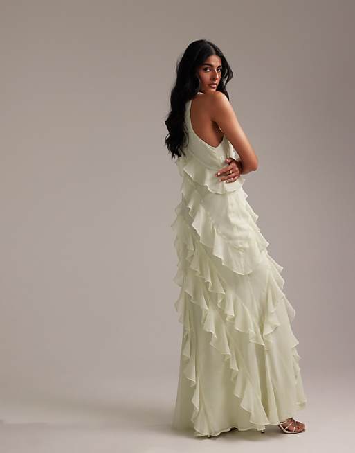 Asos ASOS DESIGN Bridesmaids Racer Neck Bias Ruffle Maxi Dress In Light Green