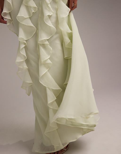 Asos ASOS DESIGN Bridesmaids Racer Neck Bias Ruffle Maxi Dress In Light Green