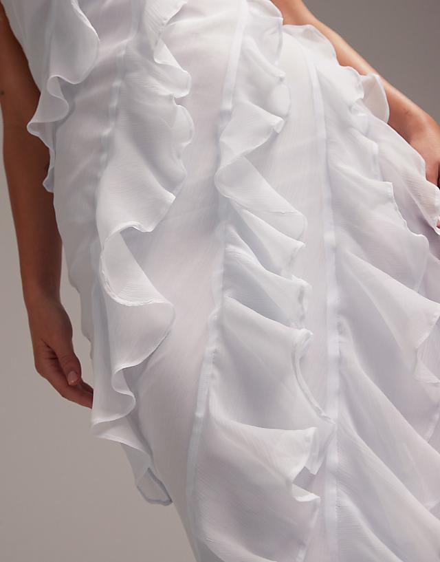 Asos ASOS DESIGN Bridesmaids Racer Neck Bias Ruffle Maxi Dress In Light Blue