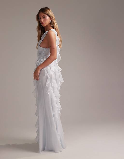 Asos ASOS DESIGN Bridesmaids Racer Neck Bias Ruffle Maxi Dress In Light Blue