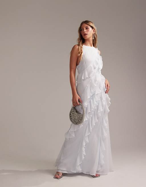 Asos ASOS DESIGN Bridesmaids Racer Neck Bias Ruffle Maxi Dress In Light Blue