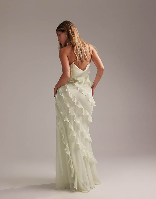 Asos ASOS DESIGN Bridesmaids Ruffle Cami Bias Maxi Dress In Light Green